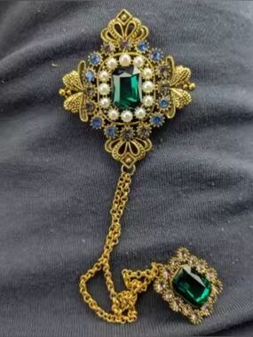 Anthropologie Gold-Tone Brooch with Emerald Green and Blue Accents